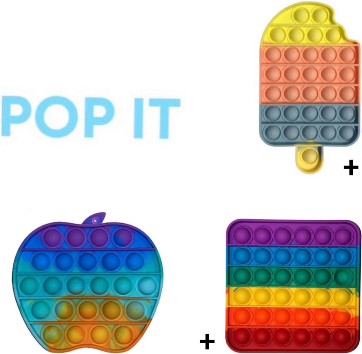 POP IT | Fidget toys pakket | Unieke Set 3 in 1  Vierkant Rainbow + Appel  & Multi ijsje | 2021 Trend | Vermindert stress | Cadeautip